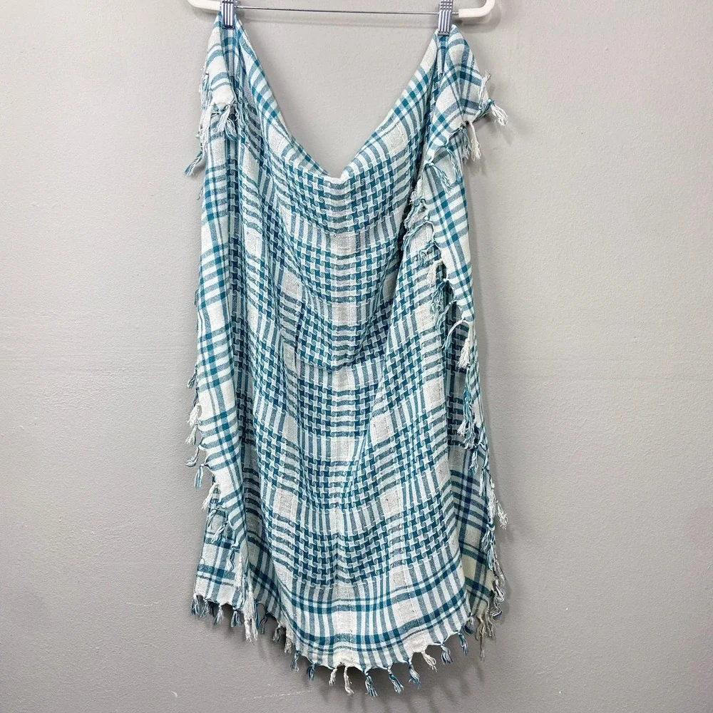 Plaid Fringe Scarf Blue‎ White Shawl Y2K Indie Sleaze Euro Summer Picnic Wrap